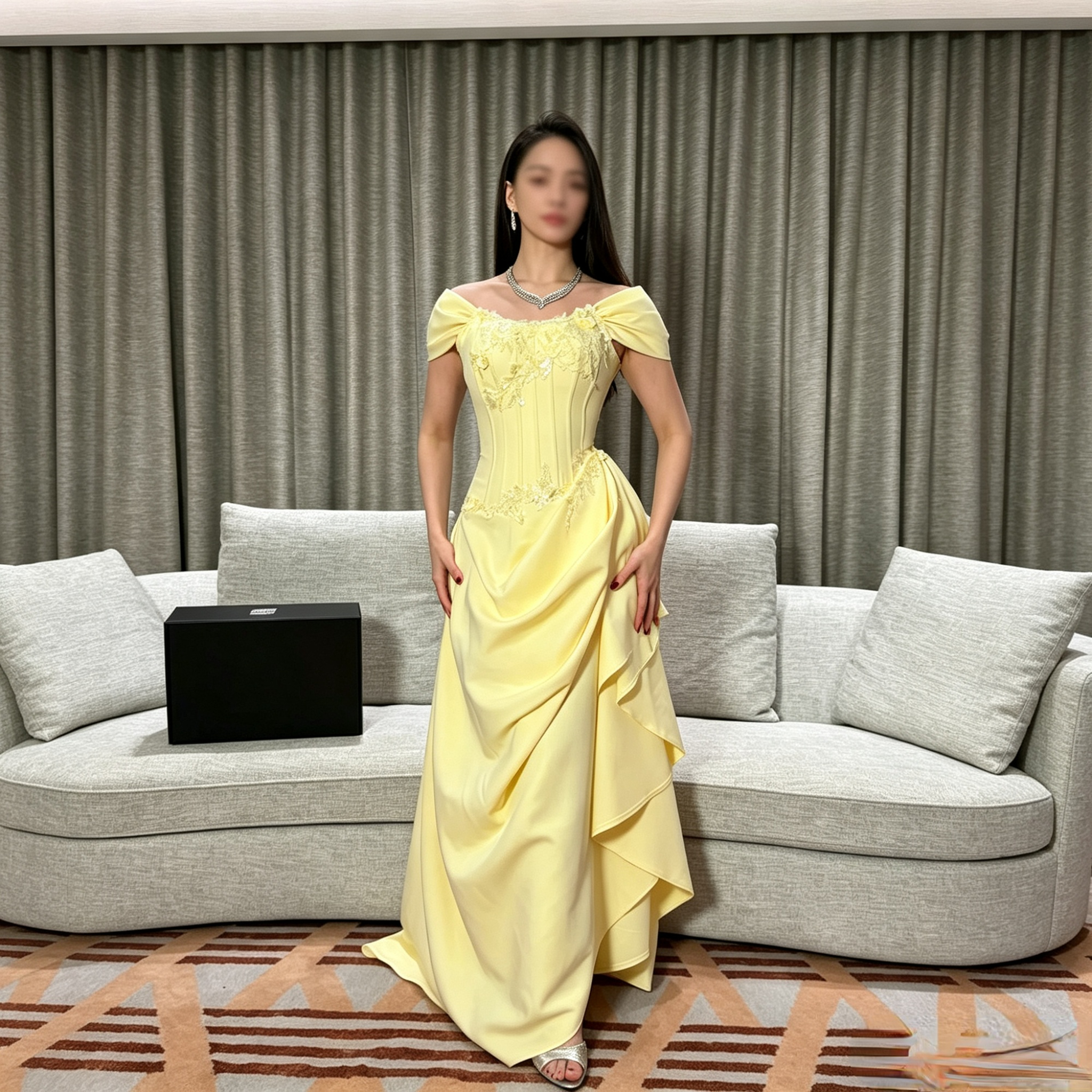 Romantic Yellow Mermaid Evening Dresses Off Shoulder Glitter Lace Prom Gowns Charming Ruffles Customized Special Occasion Gowns