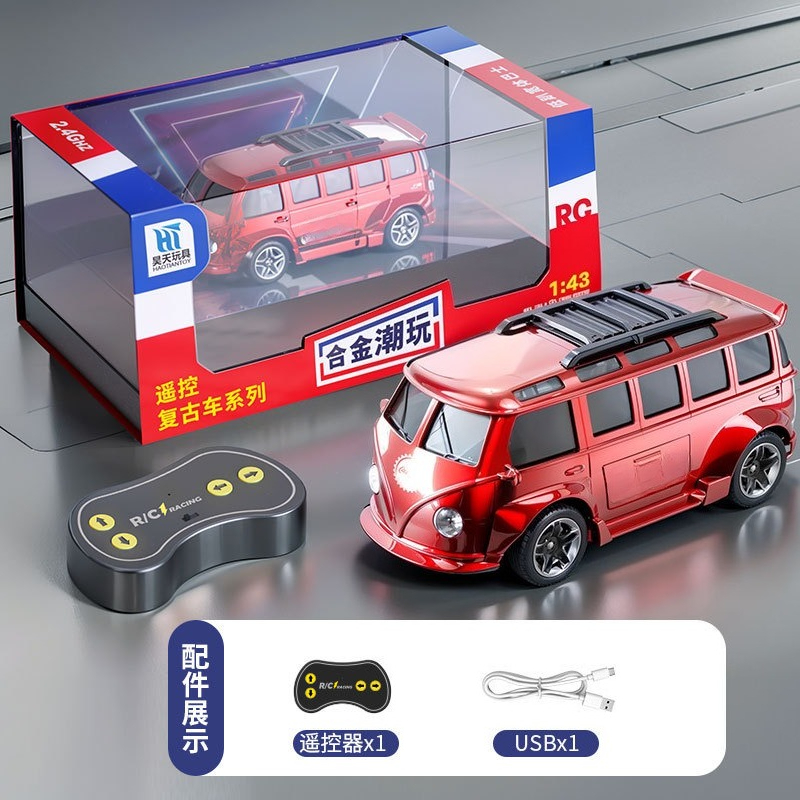 1:43 T1 バスリモートコントロールカーライトレトロデザイン充電式ミニ RC カー合金車両子供のおもちゃのギフト
