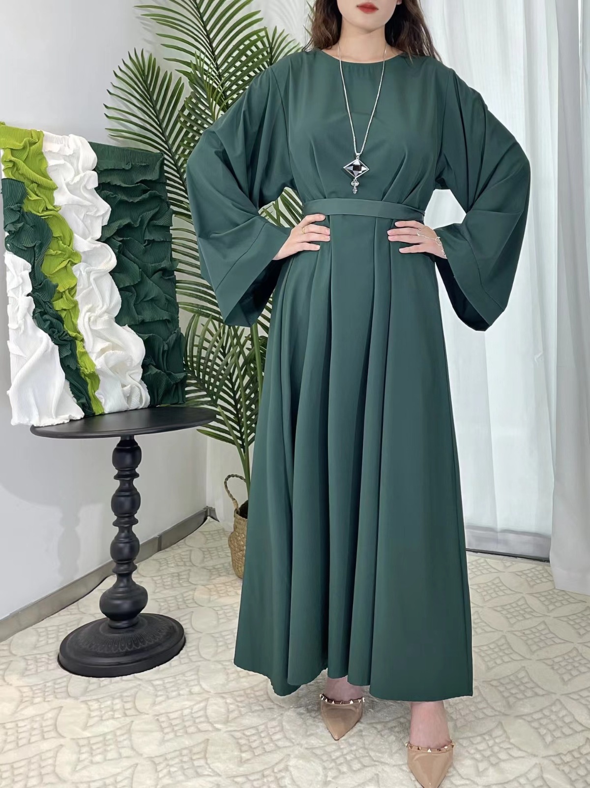 イスラム教徒アバヤ女性カフタン祈りドレスベルトフルスリーブイスラム服女性 Jilbabs ドバイローブラマダンドレス