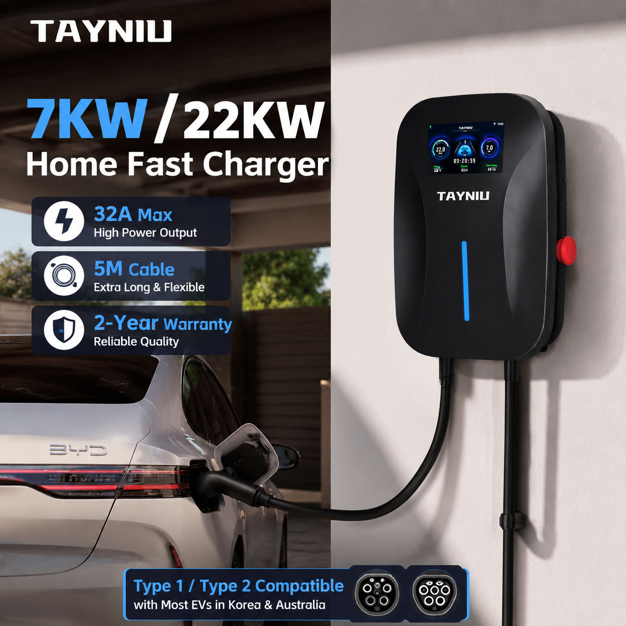 7kW/22kW 32A EV ウォールボックス充電器タイプ 2 タイプ 1 スマート WiFi アプリ 5M ケーブルすべての EV 用ホーム充電ステーション ルノー MG byd 充電器！