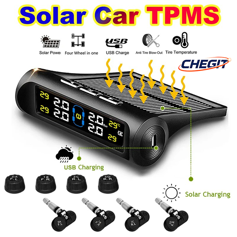 TPMS タイヤ空気圧監視システム 4 つの内部/外部センサーを備えた太陽光発電 LCD ディスプレイ 防水温度警告