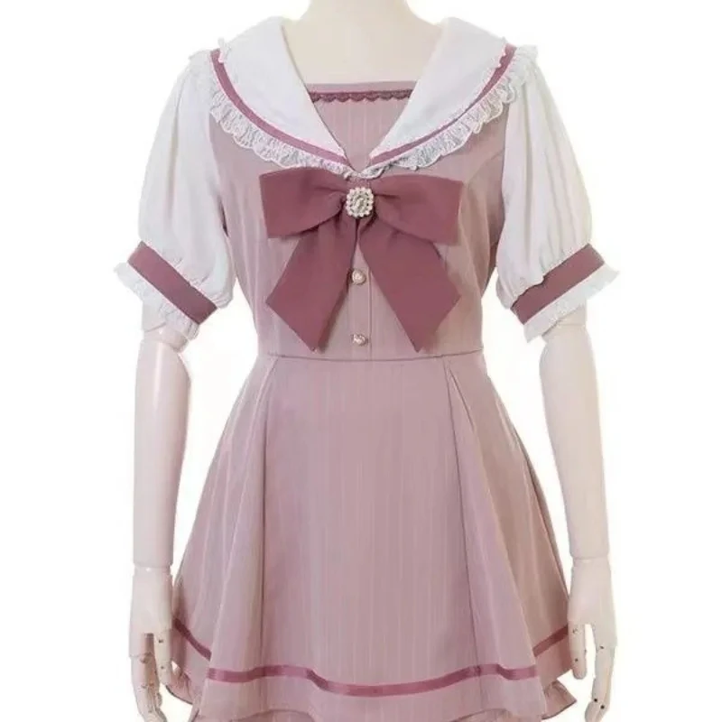 甘い 2 ピースセット女性服和服セーラー襟チュニックリボンドレスハイウエストショーツスーツシックでかわいい夏セット