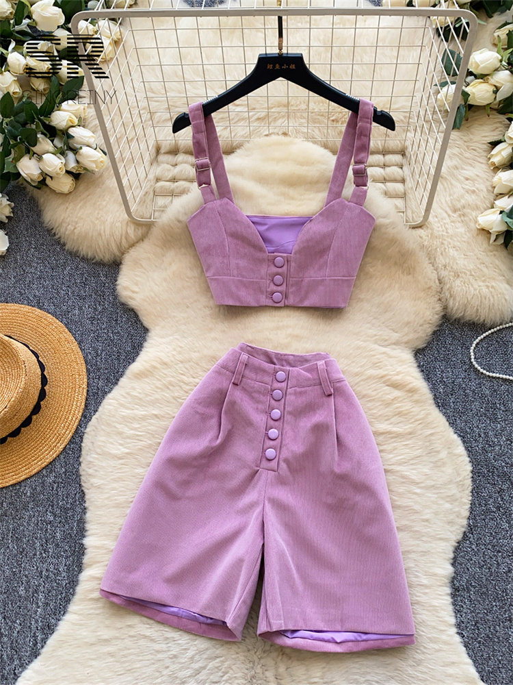 SINGREINY オフィスレディショーツセット夏 2026 官能的なスリムタンクトップボタンミディショーツ女性シックでホットスウィートカジュアル 2 枚セット