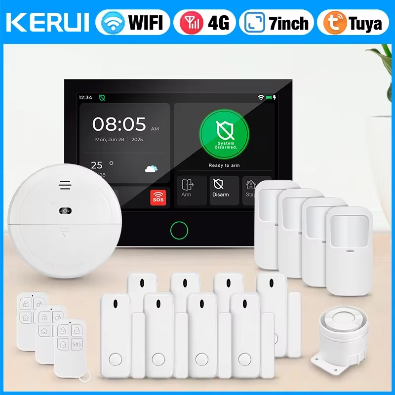 KERUI 7 インチ IPS 大型タッチスクリーンホーム警報パネル 4G LTE GSM WiFi ワイヤレス警報セキュリティシステム盗難 Tuya スマート Alexa