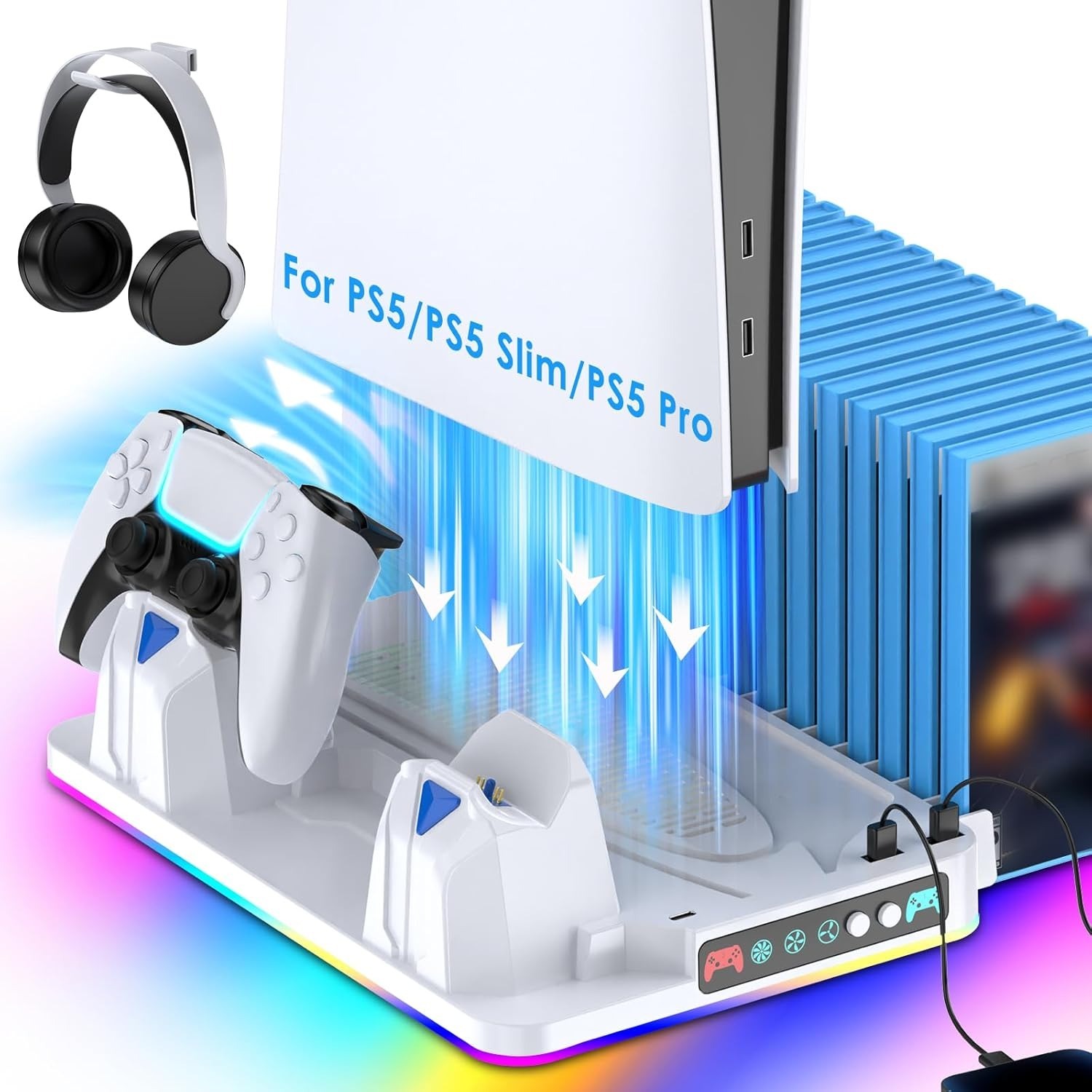 デュアルコントローラー充電器、RGB LEDライト、ゲームホルダー、PS5 Slim/Pro用USBハブ付き多機能PS5冷却ステーション