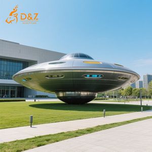 現代的なステンレス製UFO彫刻　未来派の金属アートインスタレーション　屋外庭園・公共空間・商業施設の景観装飾