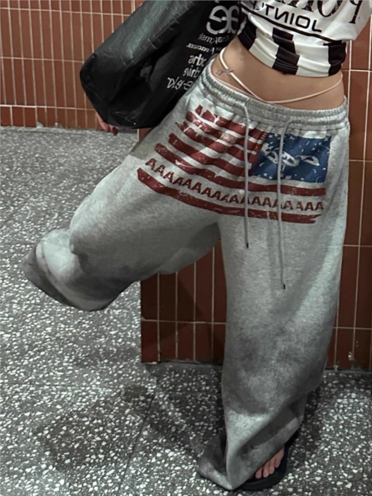 Y2K College American Hip-hop Goth Print Drawstring Wide Leg Sweatpants Loose 90s High Street Sports Trousers Floor Length Pants