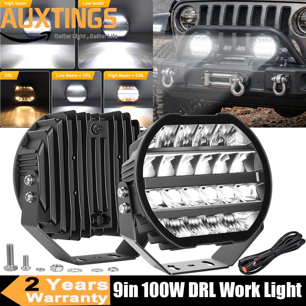 2 X 9 インチ 100 ワットラウンド LED オフロードライトスポットフラッドドライビングライトポッド DRL 10000LM オフロードワークライト車 SUV ATV UTV 用