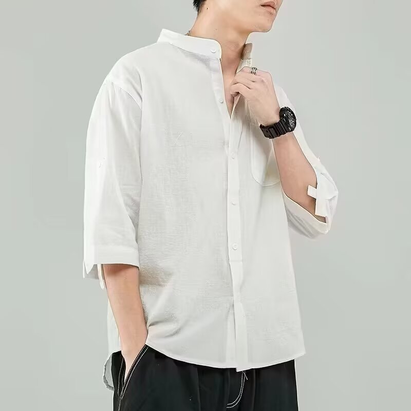 新しい中国風のコットンリネンメンズシャツ半袖ルーズフィットプラスサイズファッション夏通気性軽量快適
