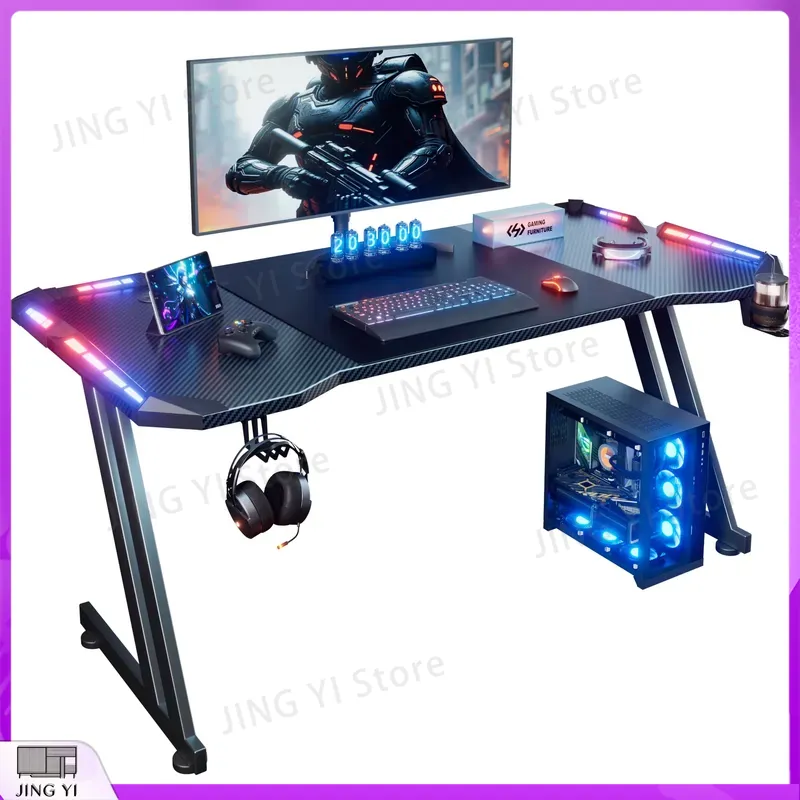 ゲーミングデスク 120cm 140cm 160cm RGB LED ライト付き Z 字型高さ調節可能 人間工学に基づいたコンピュータデスク PC ラップトップワークステーション用