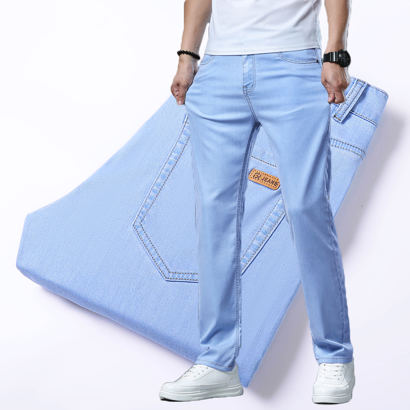 ストレートストレッチリヨセル薄いジーンズメンズブランド服春夏ズボンクラシックビジネス韓国カジュアルデニムパンツ