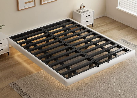#Sturdy Steel Floating Bed Frame Modern Minimalist Headboard-Less Platform Bed Slatted Base King Queen Size Hotel Eco-Friendly