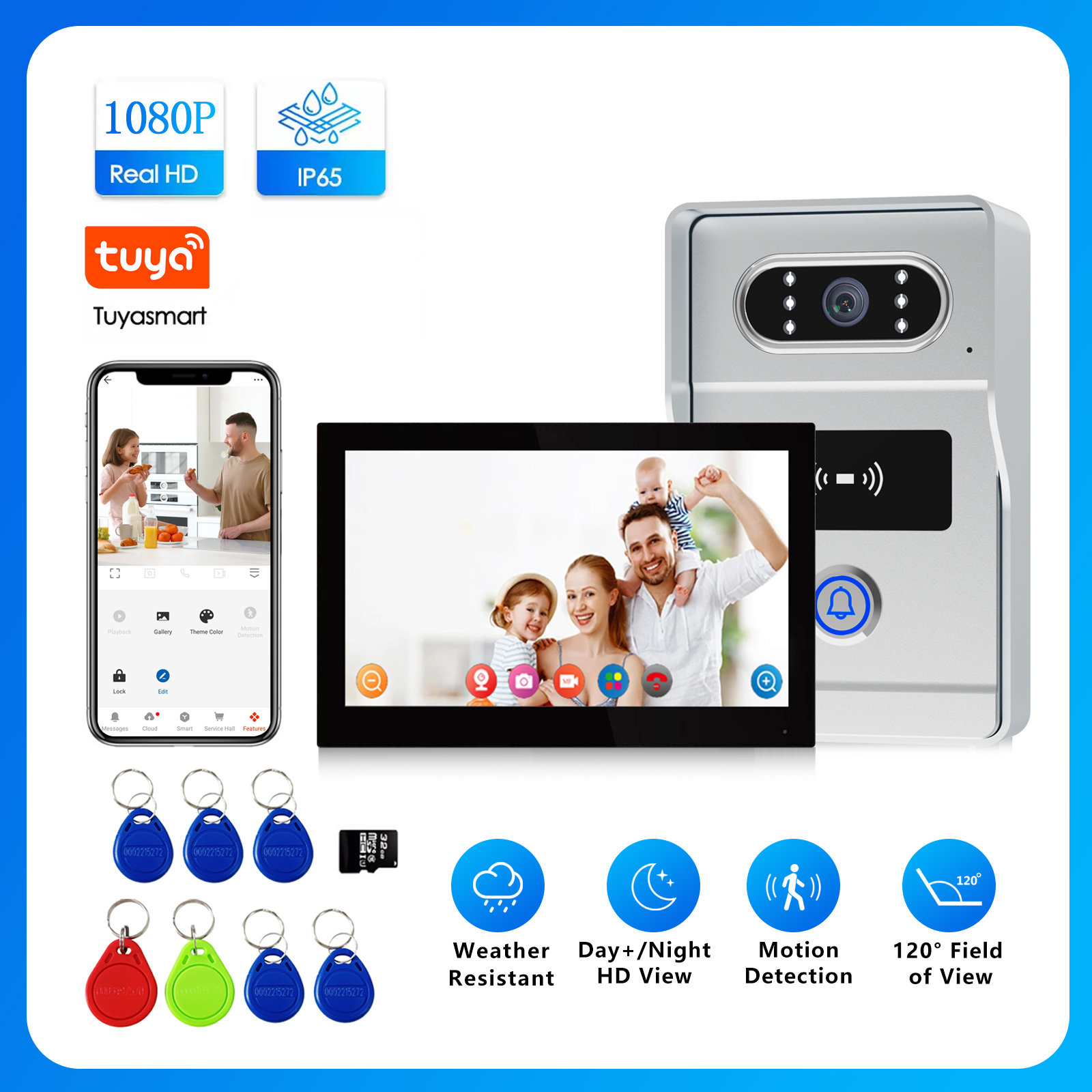 Tuya 7 インチ WiFi ビデオインターホン、ゲート/ホーム用、1080p 防水屋外カメラ、ナイトビジョン付き、双方向オーディオ