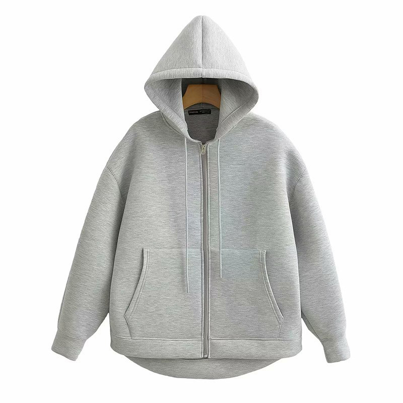 Alobee 秋の女性グレー黒ジャケットフード付き長袖ジッパージャケットコート女性ルーズカジュアルビッグポケットアウターコートトップス