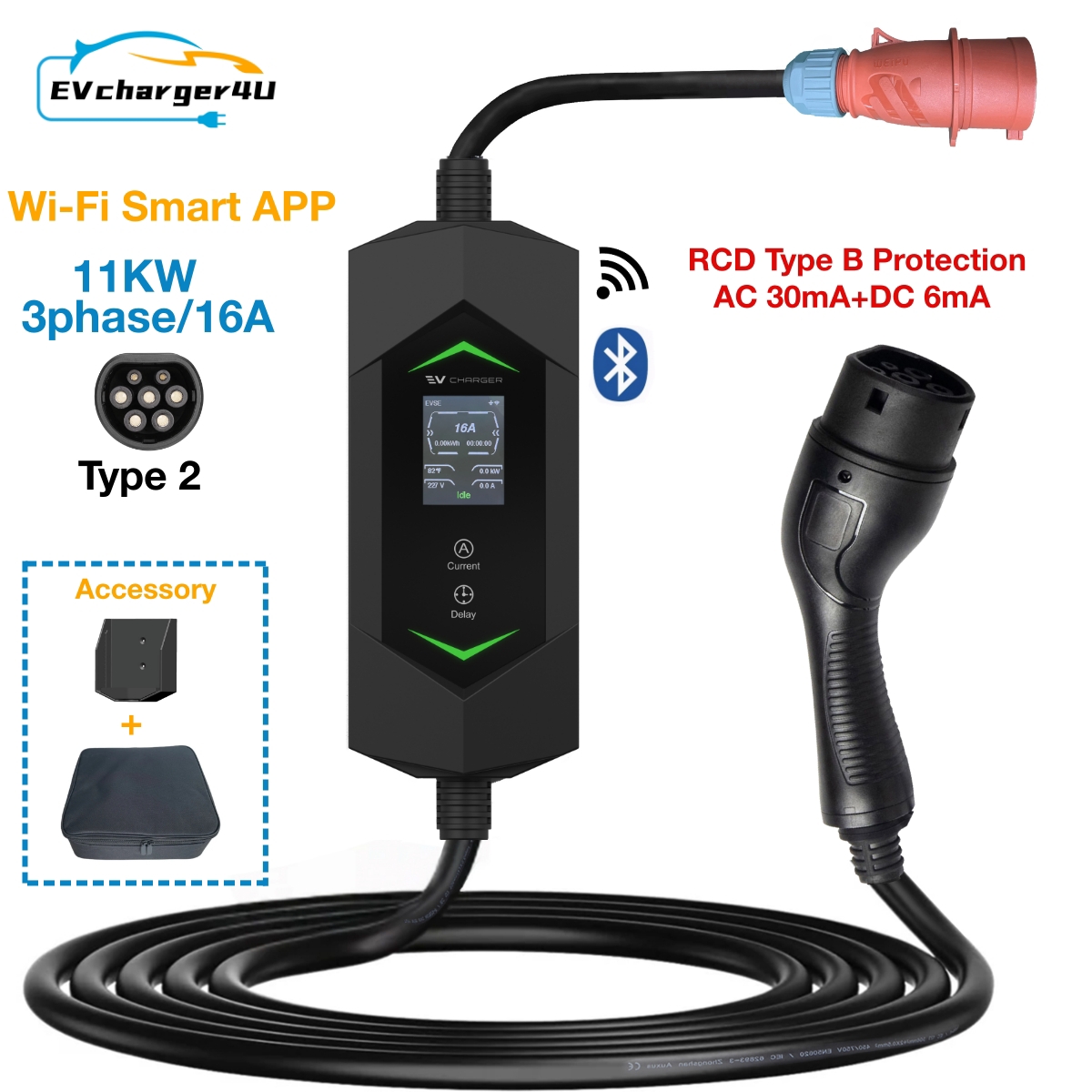 EVcharger4U Type2 11KW ポータブル EV 充電器 5m 充電ケーブル付き 3 相 6-16A 調整可能な電力 RCD タイプ B 保護 APP WiFi
