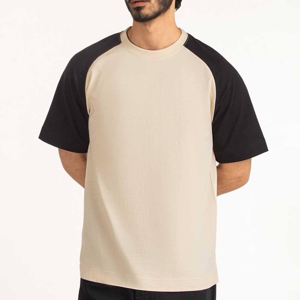 Best Selling Men's T-Shirts From Pakistan Stylish Short Sleeve with Two-Tone Raglan T-Shirt Beige Body & Black Sleeves T-Shirt