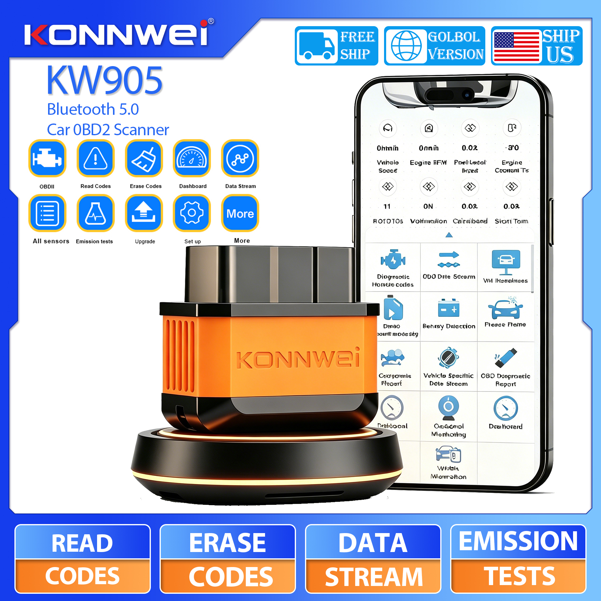 KONNWEI KW905 Bluetooth 車自動車 OBD2 スキャナーエンジンコードリーダー診断ツール