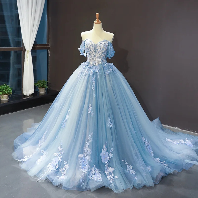 BOMARIS ブルー恋人キンセアニェラドレス Vestidos デ 15 アノスセクシーなオフショルダーフラワープリンセスパーティー誕生日カスタマイズ