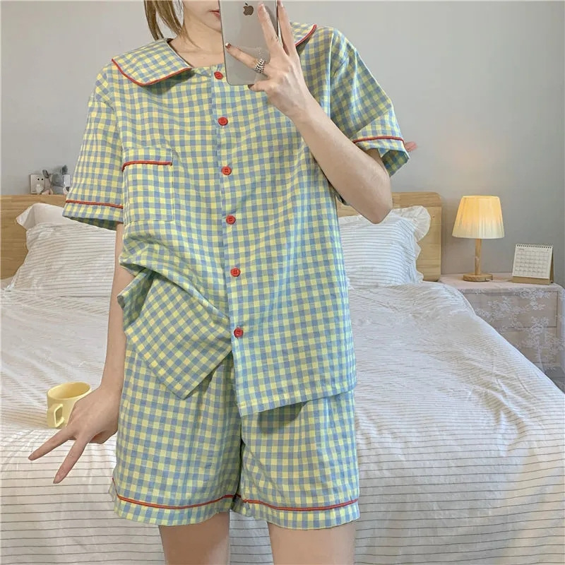 夏かわいい人形の襟インパジャマ女性の半袖ショーツ市松シャツ 2025 ホーム服セット女の子ボタンパジャマ