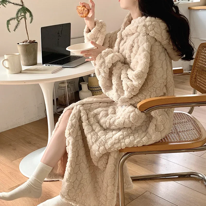 ポケットローブ女性用パジャマ冬寝間着ナイトウェア暖かいフリースパジャマワンピースネグリジェフード付き睡眠ホームウェア