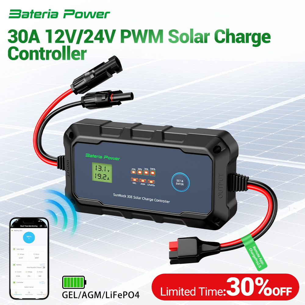 30A ソーラー充電コントローラ 12V24V PWM 内蔵 BTAPP 制御、Bateria 電源インテリジェントプラグアンドプレイポータブル最大 PV 900W 55Voc