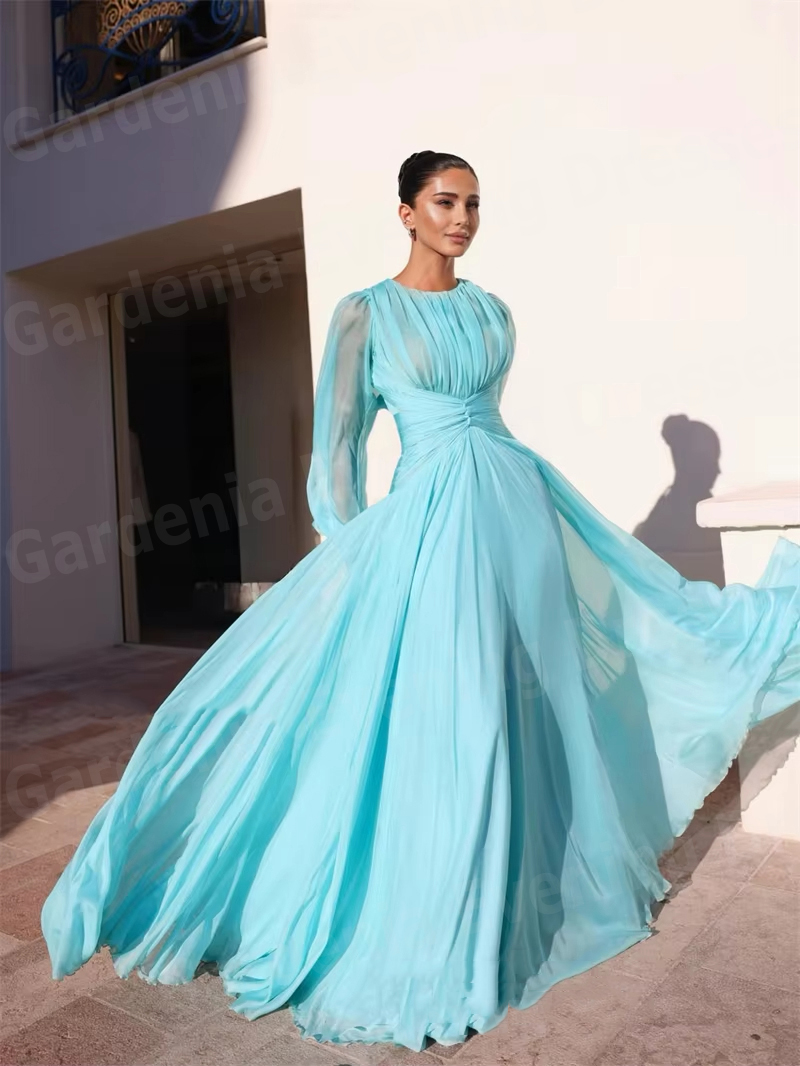 エレガントな A ラインの女性のイブニングドレス O ネック長袖プリーツウエディングドレス Vestidos パラ Mujer カスタマイズパーティーローブ · ド · ソワレ