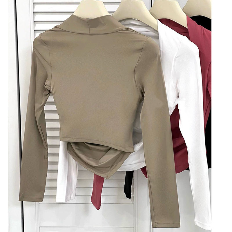 フィットネス胸クッションスポーツトップ女性長袖シャツプラスピード​​アップショートエレガントダンスヨガ服小さなウエストバンドジム