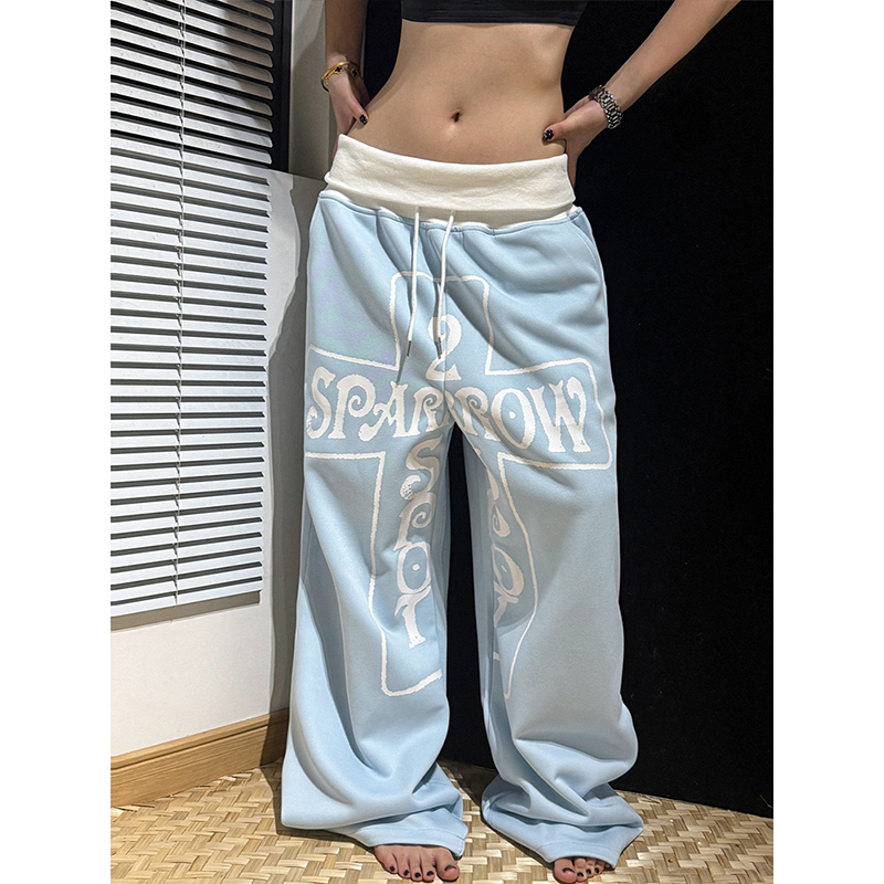 レトロアメリカンブルーレタープリントワイドレッグパンツ女性夏 Y2K トレンディなルーズ痩身床長さのカジュアルなズボン