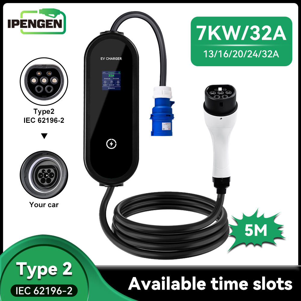 IPENGEN 7kW ポータブル EV 充電器タイプ 2 5​​m ケーブル 32A 1 相 - 調整可能な電流