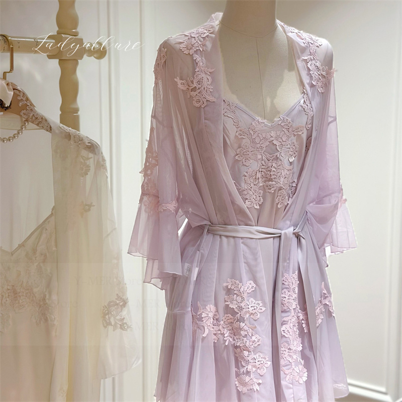 紫メッシュ寝間着スーツ女性かわいいアップリケフラワーローブ着物ガウンセクシーなフレアスリーブバスローブ女性ランジェリー下着