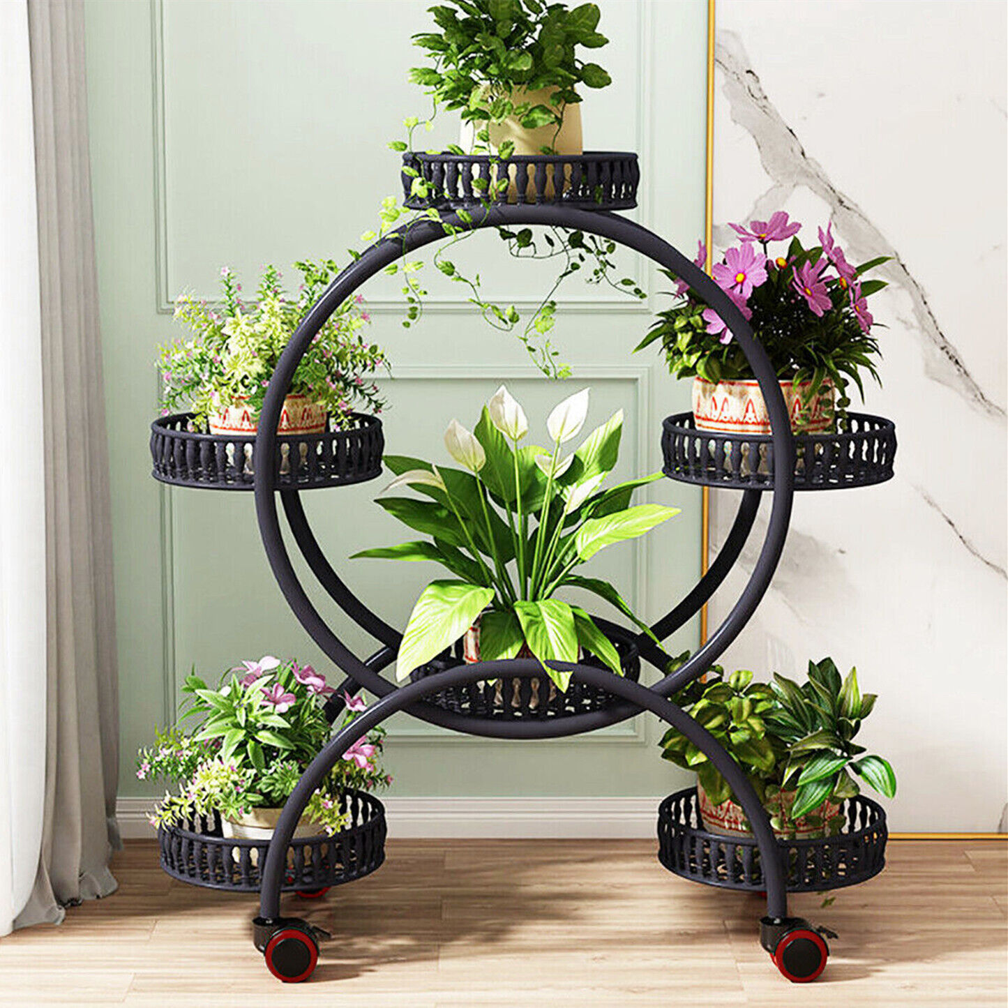 4 層 6 ポットフラワーホルダー植物スタンド棚 4 輪自由移動ディスプレイ棚ラックバルコニー