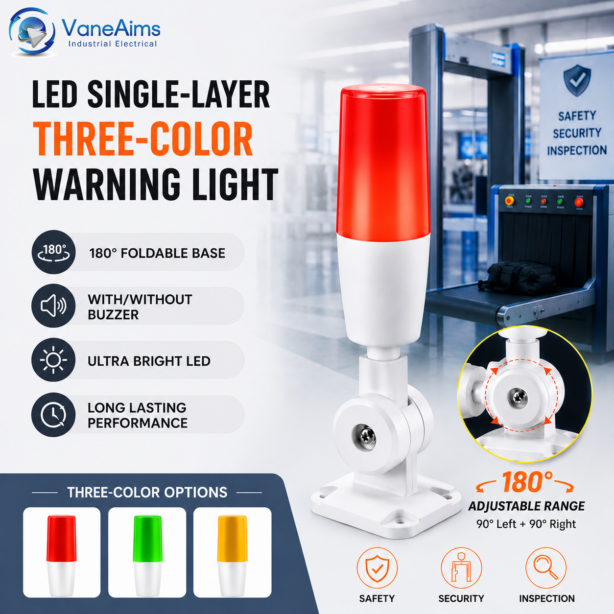 180°折りたたみ単層 3 色 LED 警報信号灯ブザー付き角ベース AC/DC12V 24V 赤黄緑警告ランプ