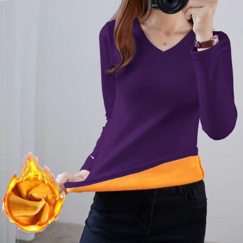 冬の女性のサーマル下着女性の肥厚プラスベルベット 4XL ブラウス長袖ハイカラー O ネック V ネックボトリングシャツ