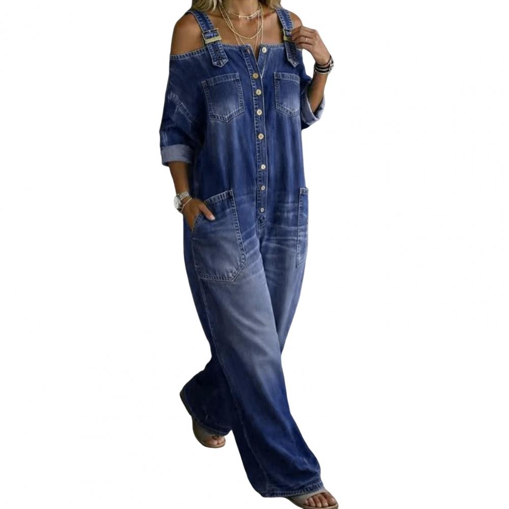 Denim Bib Overall Stretchy Denim Overall Summer Denim Jumpsuit for Women Long Sleeve Off Shoulder Overalls with Adjustable