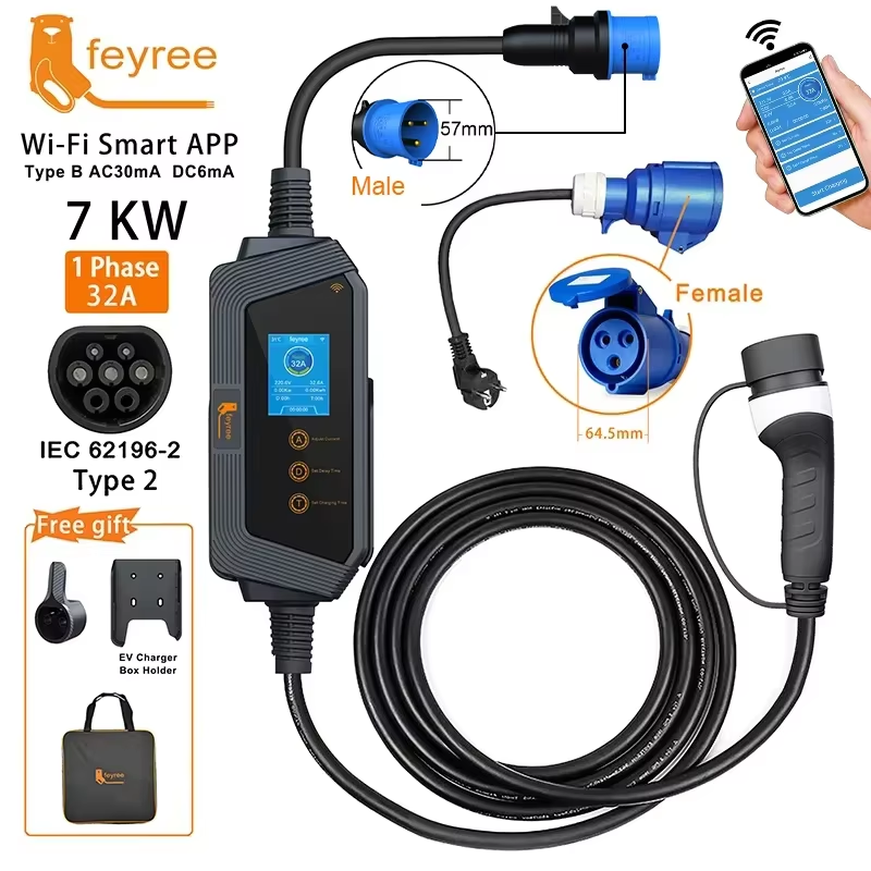 Feyree ポータブル EV 充電器 Type2 32A 7kW 急速充電アプリ 電流設定による Wi-Fi 制御