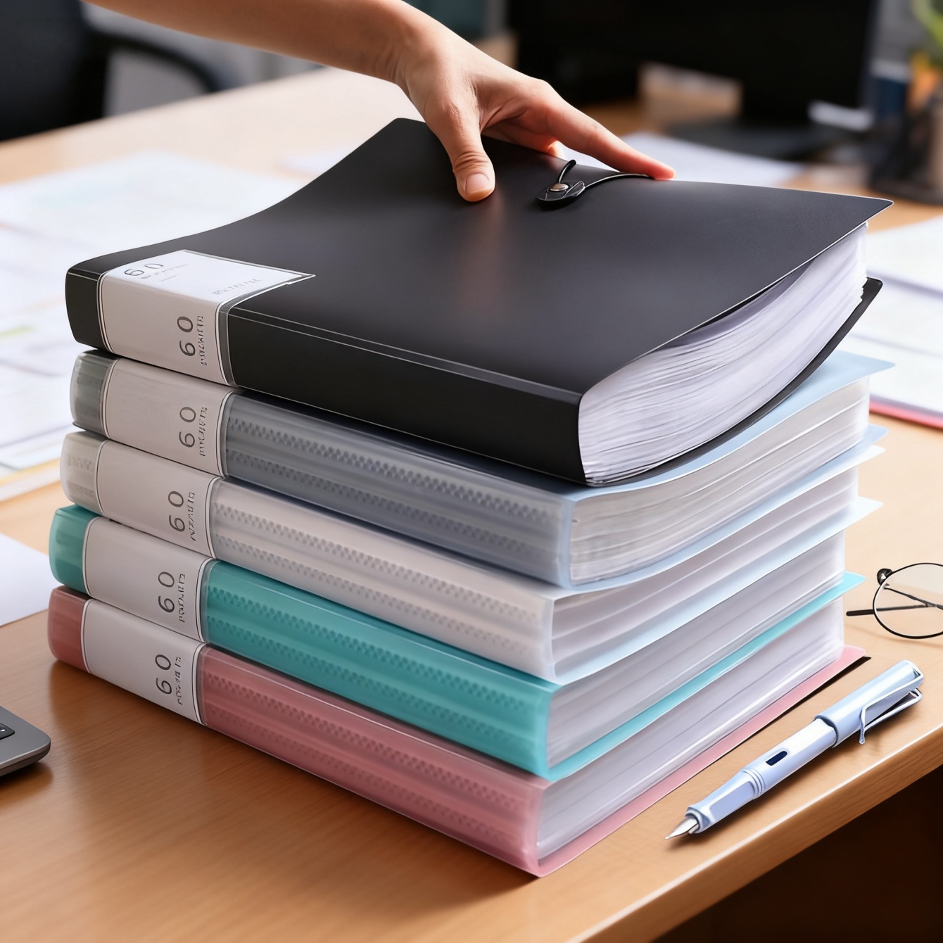 60-Pocket A4 Large Capacity Transparent File Folder with Transparent Front Cover & Labeling System - Heavy-Duty PP Material