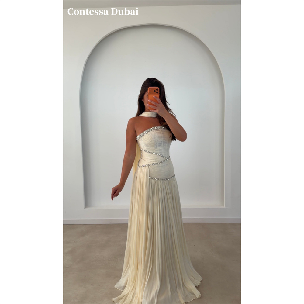 Contessa カスタムホルターネック A ラインイブニングドレスクリスタルシフォンウエディングドレスプリーツ Vestidos De Noche エレガントなフォーマルイブニング