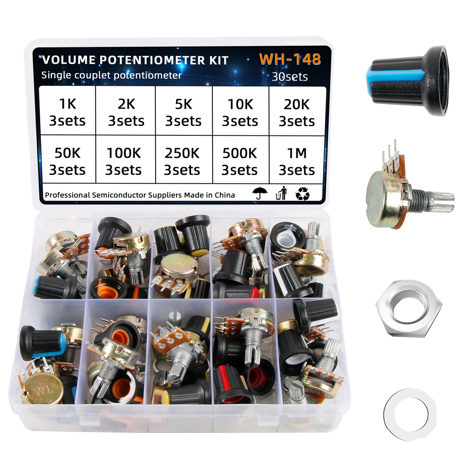 30 セット WH148 ポテンショメータ詰め合わせキット可変抵抗器、ナットとワッシャー付き 1k 10k 50k 500k 1M