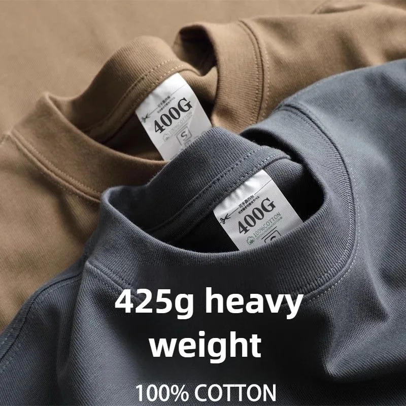 ヘビーワイト 425 グラムメンズ Tシャツ綿半袖 Brathable 高品質ラウンドネックベーシックトップス男性夏の Tシャツ