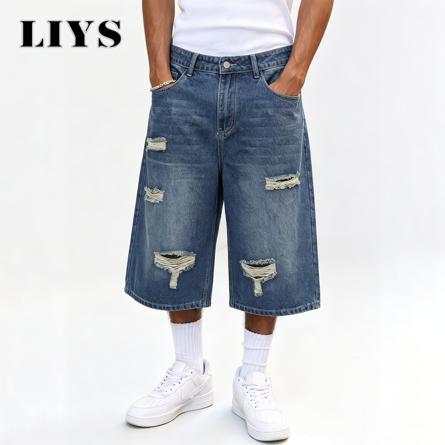 メンズ ユーズド加工 リップド デニム ショートパンツ バギー ジョルト レトロ ストリート スタイル ルーズ ジーンズ ショートパンツ デイリー カジュアルウェアに最適 メンズ ショートパンツ