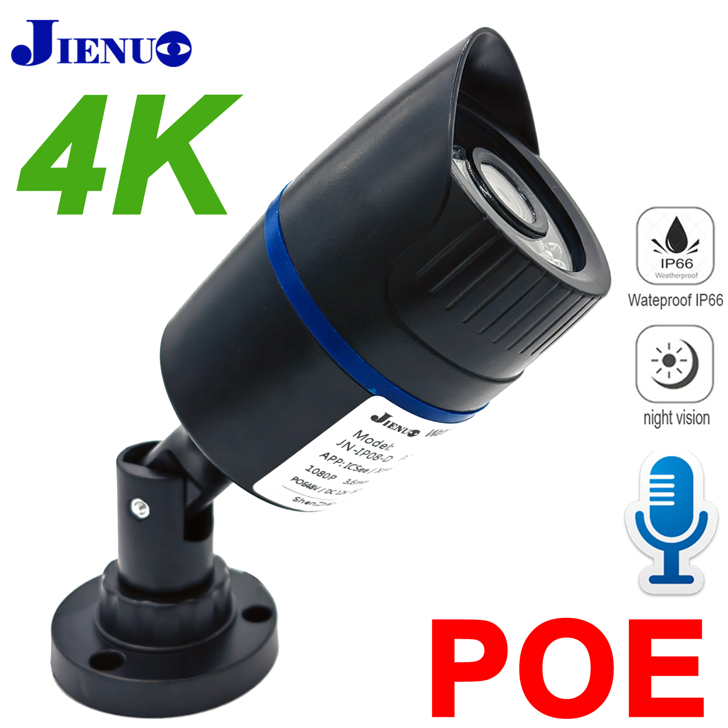 JIENUO 4K Poe カメラ屋外 Onvif 防水 IP セキュリティナイトビジョンビデオオーディオ 4MP 5MP 8MP バレット HD ホームカム監視