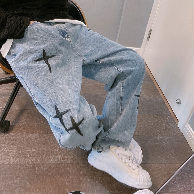 ボーイフレンドヴィンテージファッションストレートカジュアルルーズデニムカーゴパンツ男性デザイナープリントスタージーンズストリートルーズワイドレッグジーンズ