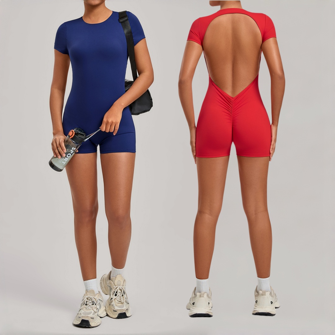 女性用ヨガジャンプスーツタイトなバックレスワンピーススポーツフィットネスショーツジャンプスーツピラティスランニングカジュアルワークアウトジムヨガボディスーツ
