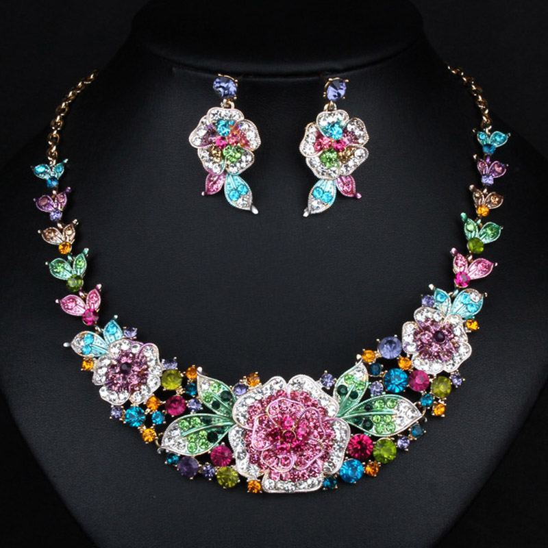 Zlxgirl 高級カラフルな女性の花のネックレスとイヤリングのジュエリーセットファインウェディングブライダルアクセサリーセット