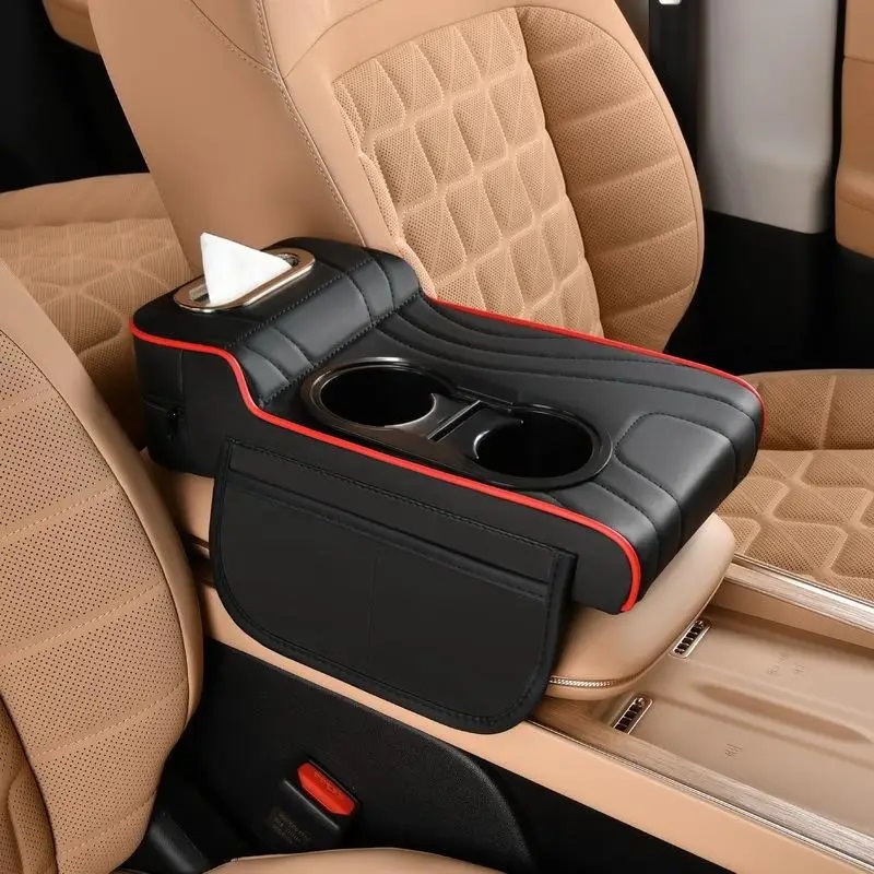 前部が低く後部が高いデザインの車用アームレストボックス1個、ティッシュボックス付きカーセンターコンソールアームレストパッド、両面収納ポケット、車のアームレストパッド、ポータブルストレージアクセサリー、ティッシュパック付き