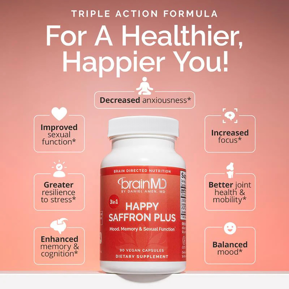 Happy Saffron Plus Supplement for Mood Memory - 90 Capsules - with Saffron Flower Extract, Curcumin & Zinc - Vegan, Gluten Free
