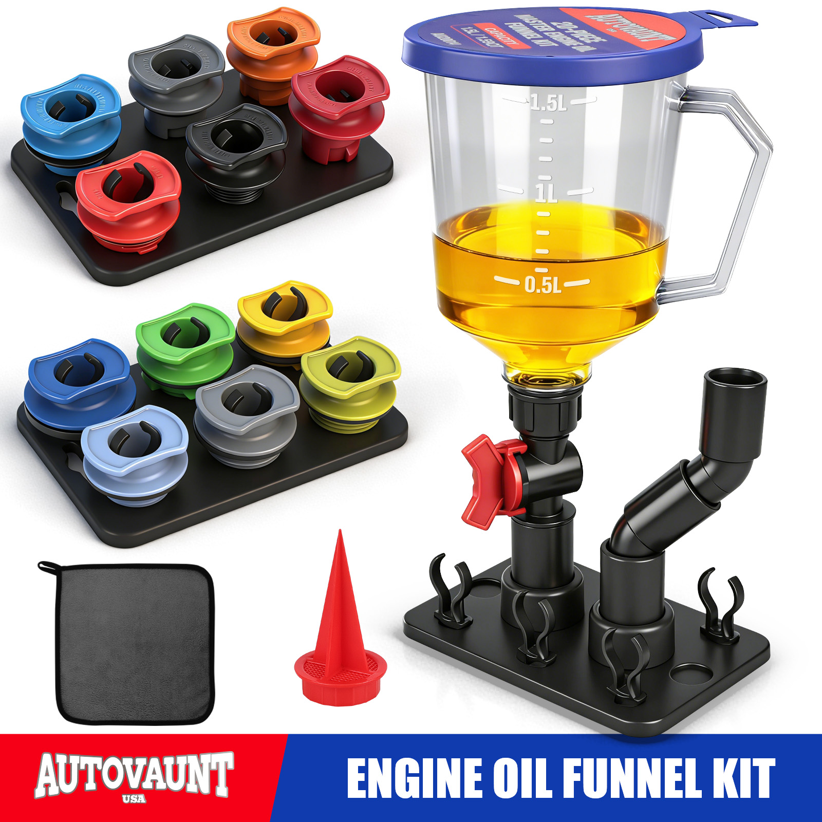 AUTOVAUNT 20 個 1.5L プロフェッショナルオイルファンネルキット自動車用ユニバーサル 12 アダプター付き磁気漏れ防止設計