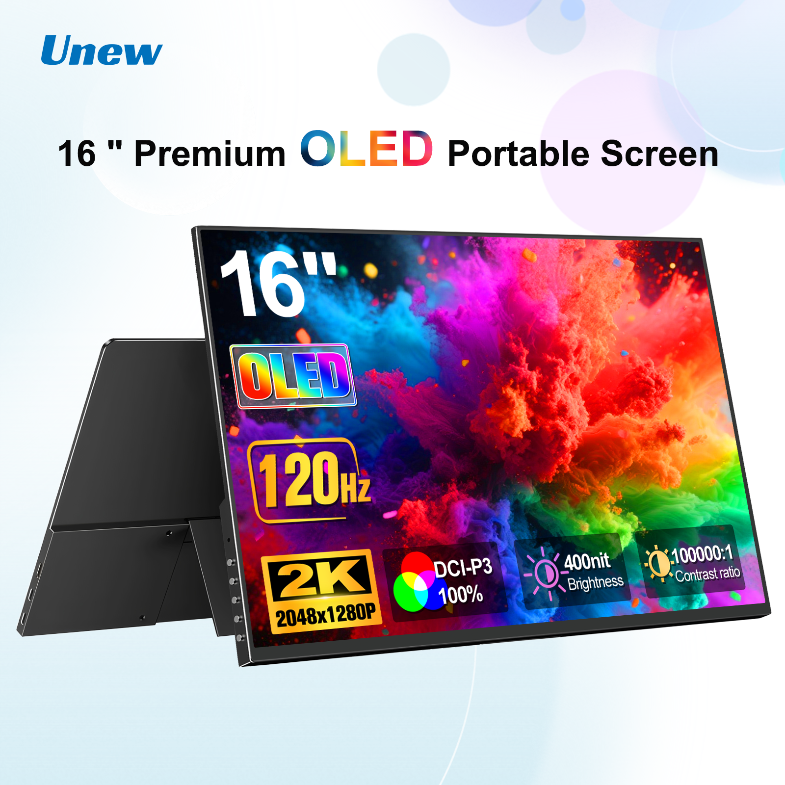 Unew 16 インチ 2K 120Hz OLED ポータブル モニター 2048×1280 外部スクリーン ラップトップ PS スイッチ セカンド オフィス コンピューター ディスプレイ用