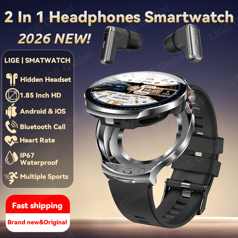 LIGE 2 1 TWS イヤホンスマートウォッチヘッドセットスマートウォッチ Bluetooth ヘッドフォン 1.85 "BT 通話心拍数スポーツフィットネスブレスレット