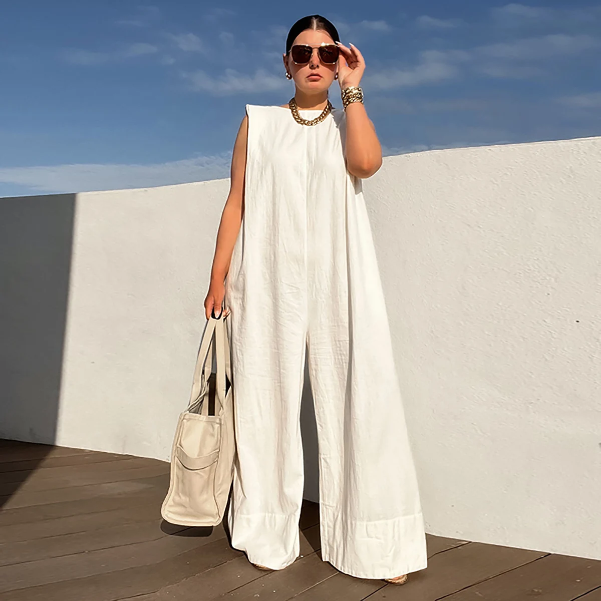 Yeezzi 無地ノースリーブワイドレッグオーバーオール夏のファッション女性ルーズブラックホワイトカジュアルクールジャンプスーツ女性のための 2025 新しい
